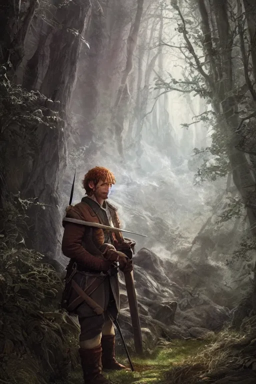 Image similar to A beautiful digital painting of a male hobbit ranger, intricate, cinematic lighting, highly detailed, digital painting, Artstation, concept art, smooth, sharp focus, illustration, art by Tom Bagshaw, Artgerm and Greg Rutkowski