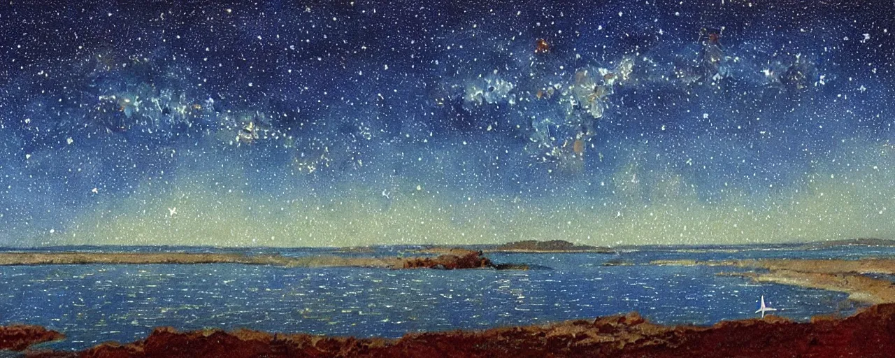 Image similar to ” beautiful starry sky and ocean painted by moebius. ”