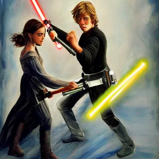 Image similar to a beautiful painting of Emma Watson fighting Luke Skywalker with a lightsaber, realistic Star Wars still