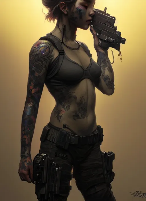 Image similar to girl covered with tattoos wearing tactical gear, intricate lights, high detailed face, bio luminescent, plasma, by ruan jia and artgerm and range murata and wlop and ross tran and william - adolphe bouguereau and beeple. fantasy illustration. award winning, artstation, venomized, realistic, hyperdetailed, 8 k resolution.