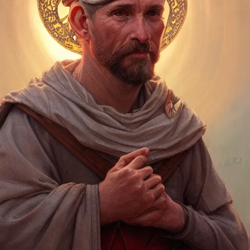 Image similar to portrait of a medieval peasant with a divine halo, intricate, headshot, highly detailed, digital painting, artstation, concept art, sharp focus, cinematic lighting, illustration, art by artgerm and greg rutkowski, alphonse mucha, cgsociety