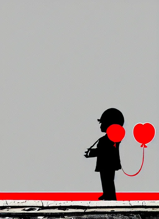 Image similar to a side profile of a black and white boy holding a single red balloon on a white concrete background in the style of Banksy, graffiti, digital art