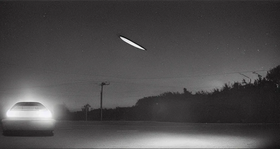 Image similar to a photograph of a UFO shining it’s light down on a car at night by Gregory Crewdson