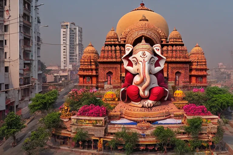 Prompt: beautiful biomorphic new delhi, ganesha!! building, kalighat flowers, octane highly detailed cinematic, stephen shore & john j. park, soft morning light, wide shot, aerial shot, uhd 8 k, shallow depth of field