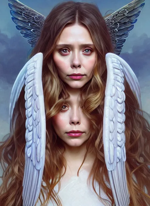 Prompt: portrait of elizabeth olsen as a angel, wings, bible, intricate, headshot, highly detailed, digital painting, artstation, concept art, sharp focus, cinematic lighting, illustration, art by artgerm and greg rutkowski, alphonse mucha, cgsociety