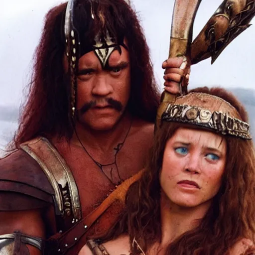 Prompt: tom hanks as conan the barbarian with a women in his arms