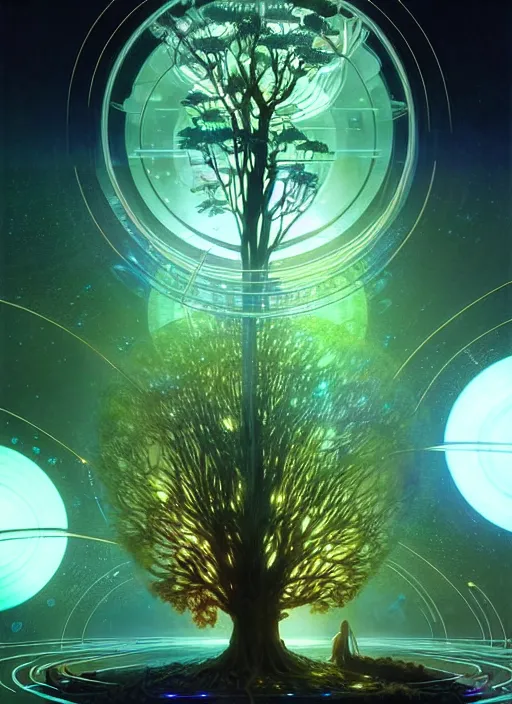 Image similar to high depth, collective civilization tree, calm, healing, resting, life, hybrids, scifi, glowing lights!!, published concept art, mixed medias, image overlays, sharp focus, thin glowing wires, winning illustration, art by greg rutkowski and alphonse mucha, singularity!!!, 3 6 0 projection