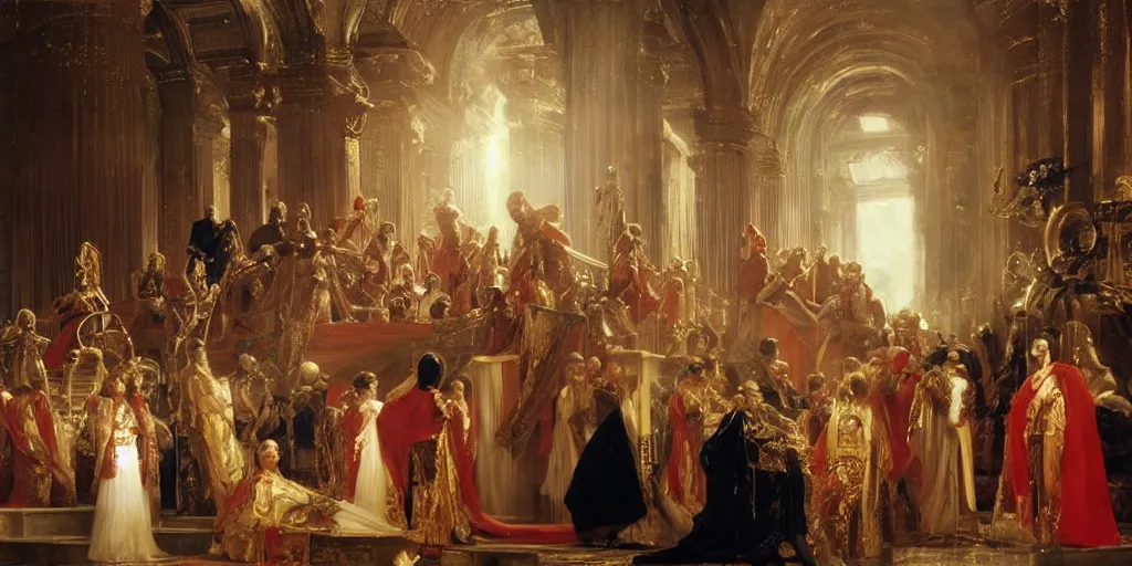 Image similar to beautiful oil painting, steve buscemi in royal crimson robes enthroned as the god emperor of ancient rome surrounded by servants in gilded halls a golden wreath upon his head, by anders zorn, wonderful masterpiece by greg rutkowski, beautiful cinematic light, american romanticism, by thomas lawrence, greg rutkowski