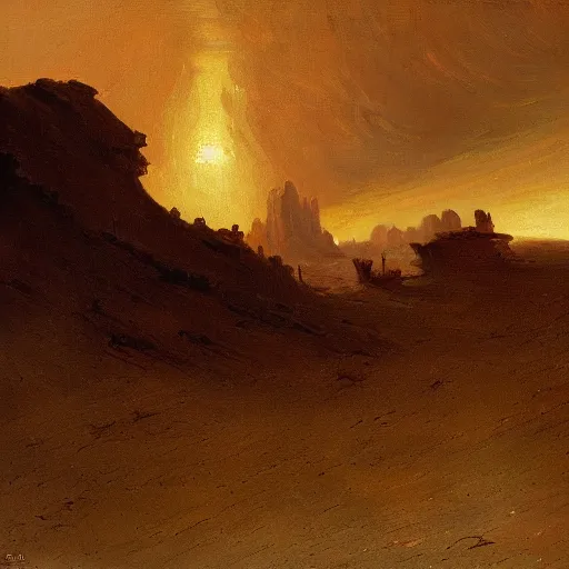 Prompt: an oil painting of a dry and cracked desert on an alien planet with a thick atmosphere and electrical storm above by carl spitzweg and greg rutkowski