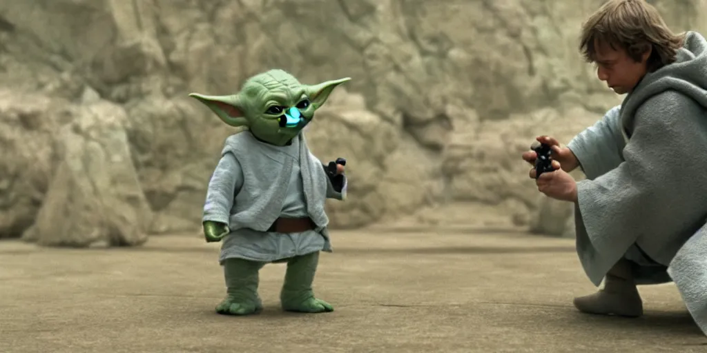 Image similar to Luke Skywalker teaches baby yoda at Jedi Temple scene from the last jedi, 2022, film by Stanley Kubrick, serene, iconic scene, stunning cinematography, hyper detailed, sharp, anamorphic lenses, kodak color film