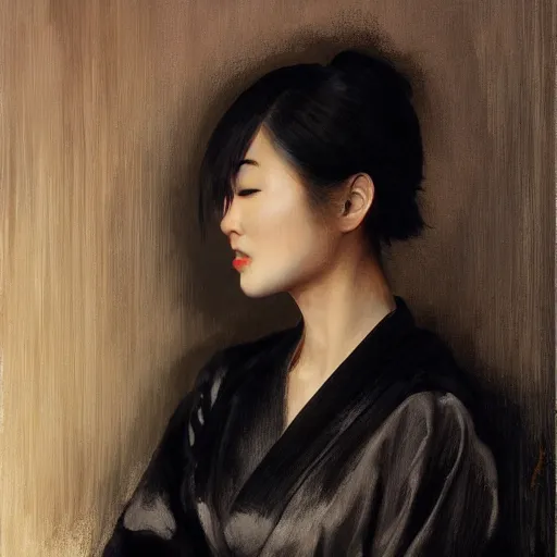 Image similar to detailed realistic cinematic wide shot of beautiful attractive hollow cheeks asian woman wearing black suit robe slim face symettrical face clean skin black eyes black robe smooth, sharp focus, ultra realistic, spring light, painting by gaston bussiere, craig mullins, j. c. leyendecker