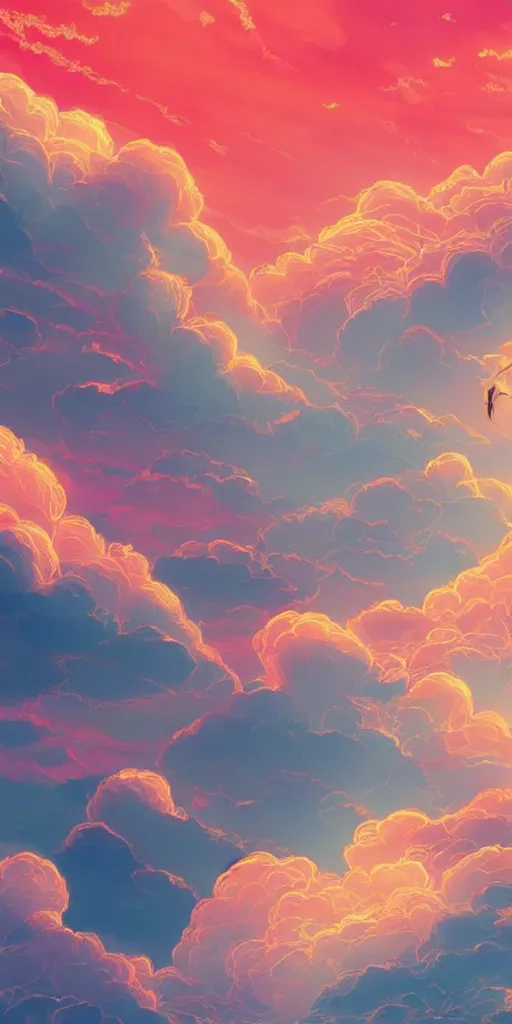 Image similar to A beautiful illustration of beautiful burning cloud in the evening sky, breathtaking clouds, The cloud is ethereal and mystical, and it seems to be glowing from within, buildings, trees, birds, black, dark, pink, red, orange, wide angle, by makoto shinkai, Wu daozi, very detailed, deviantart, 8k vertical wallpaper, tropical, colorful, airy, anime illustration, anime nature wallpap