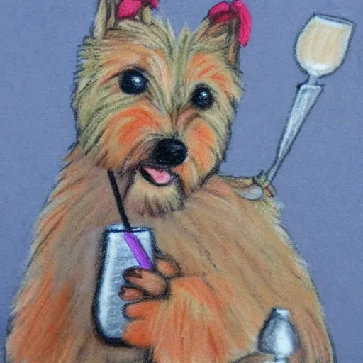 Prompt: norwich terrier holding a cocktail, chalk art