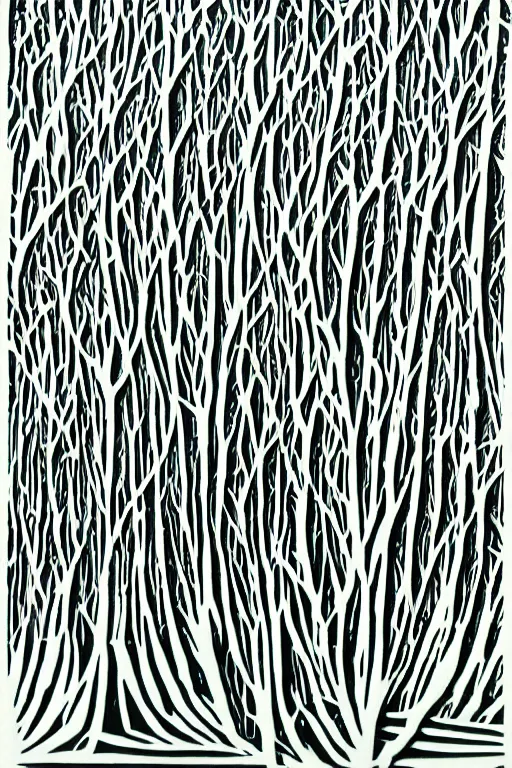 Image similar to reaction diffusion artwork of a winter forest, reaction diffusion linocut, as reaction diffusion