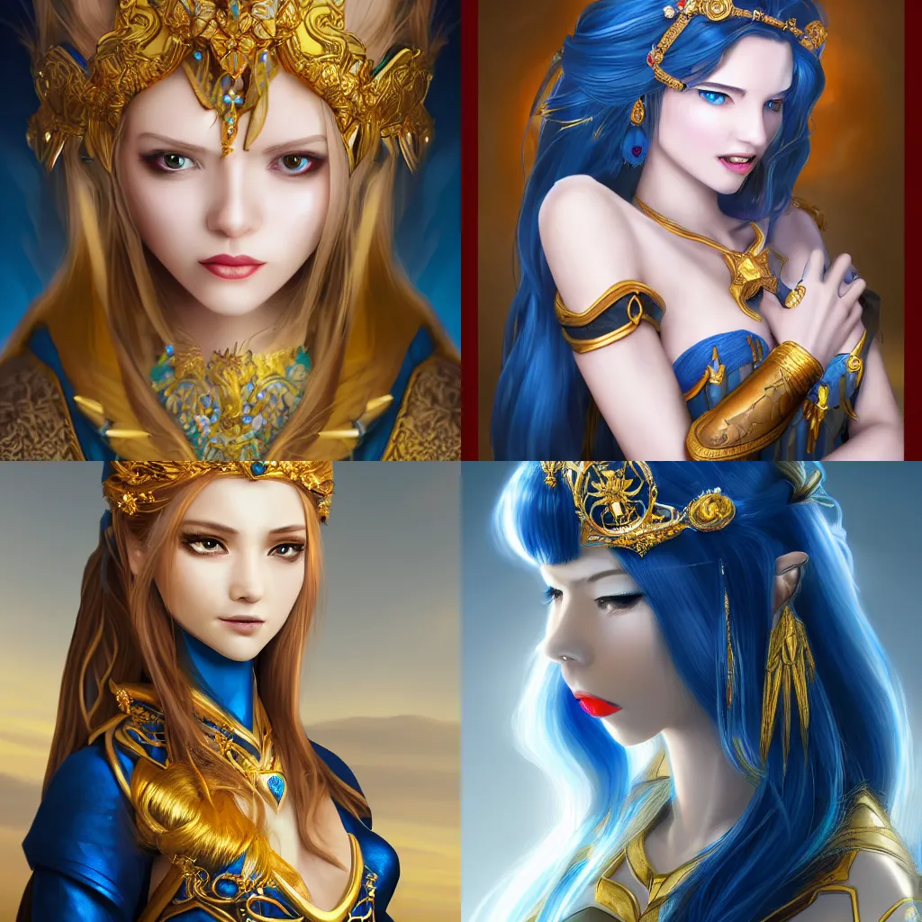 Prompt: a photographic portrait of an heroïc fantasy 30 years old princess with a deep blue saphire and gold diadem by Zhang Jigna, darker hair, canon 50mm, artstation