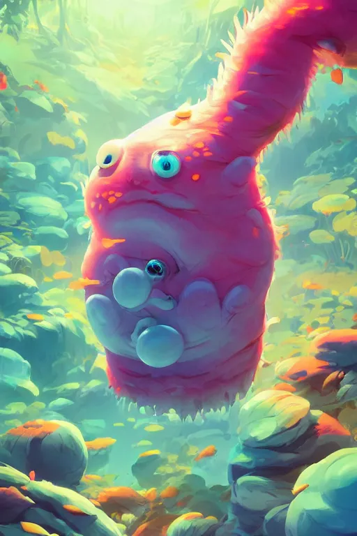 Image similar to smurf ghost creature animal sushi cristal very big eye roots cactus elemental flush of force nature micro world fluo fishscale, behance hd by jesper ejsing, by rhads, makoto shinkai and lois van baarle, ilya kuvshinov, rossdraws radiating a glowing aura global illumination ray tracing hdr