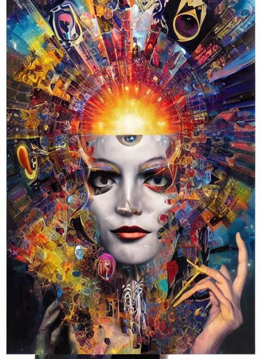 Prompt: collage of gorgeous magic cult psychic woman smiling, third eye, energetic consciousness psychedelic, epic surrealism expressionism symbolism, story telling, iconic, dark robed, oil painting, symmetrical face, dark myth mythos, by Sandra Chevrier Noriyoshi Ohrai masterpiece