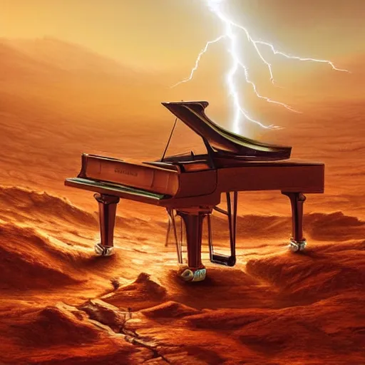 Image similar to UHD closeup of a Photorealistic Robot playing the piano during a stunning lightning storm on Mars, with a cool pose, by Antonio Caparo and Ferdinand Knab and Greg Rutkowski, UHD, photorealistic, trending on artstation, trending on deviantart