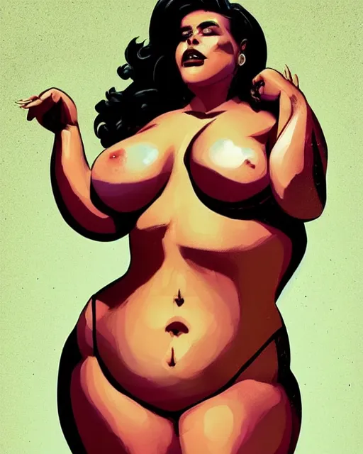 Image similar to upper body pinup of a gorgeous woman, obese, muscular, wearing bikini. pop art, gta. beautiful face!!! in the style of charlie bowater, alain aslan, ralph bakshi, dan mumford.