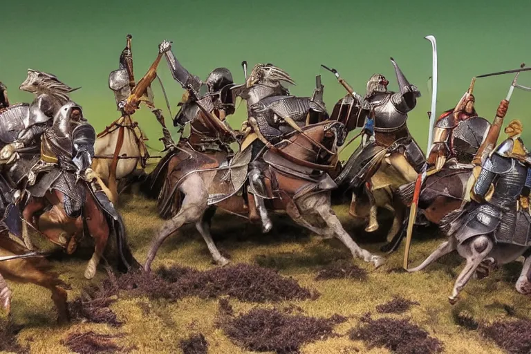 Prompt: diorama of 6 medieval knights riding velociraptors, cavalry charge, swords drawn, static grass,