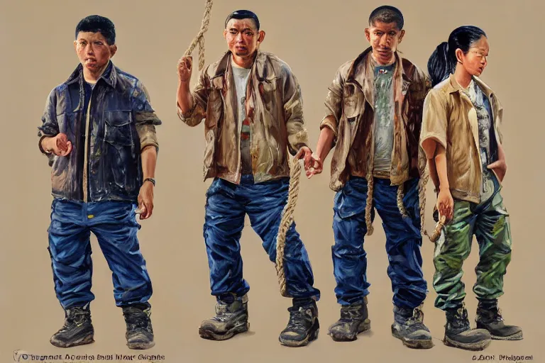 Prompt: palette knife oil painting of the underhand naga gang, a mixed asian gang who wear cargo or cami pants, work boots, and light navy jackets over beige shirts. they wrap their hands in rope and wield smg - tonfa hybrids. extreme detail, artstation trending, artgerm, deviant art, octane, substance, art history 8 k