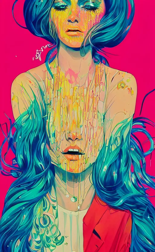 Image similar to an ultra detailed beautiful painting of a stylish woman with colorful sundress, concert poster, modern retro, symmetrical, harumi hironaka, conrad roset, greg rutkowski