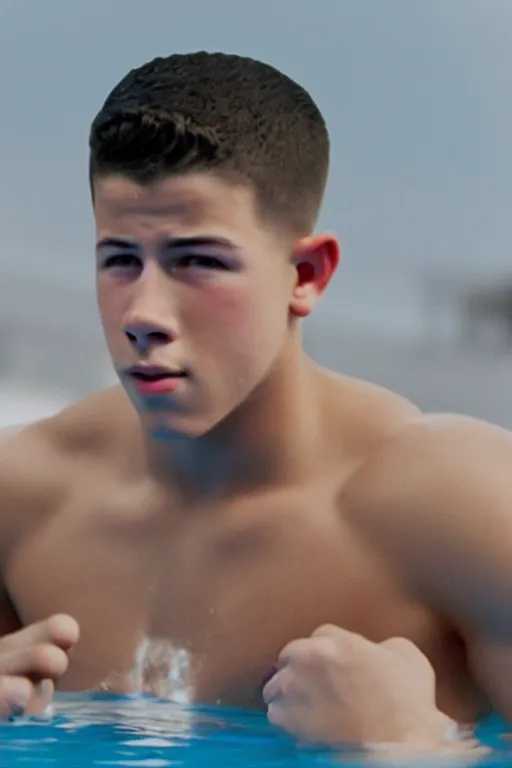Prompt: close up still shot of young nick jonas standing on the diving board, summer olympics footage, 3 5 mm, highly detailed, disney channel original movie, dynamic lighting, subject centered in photo, octane render