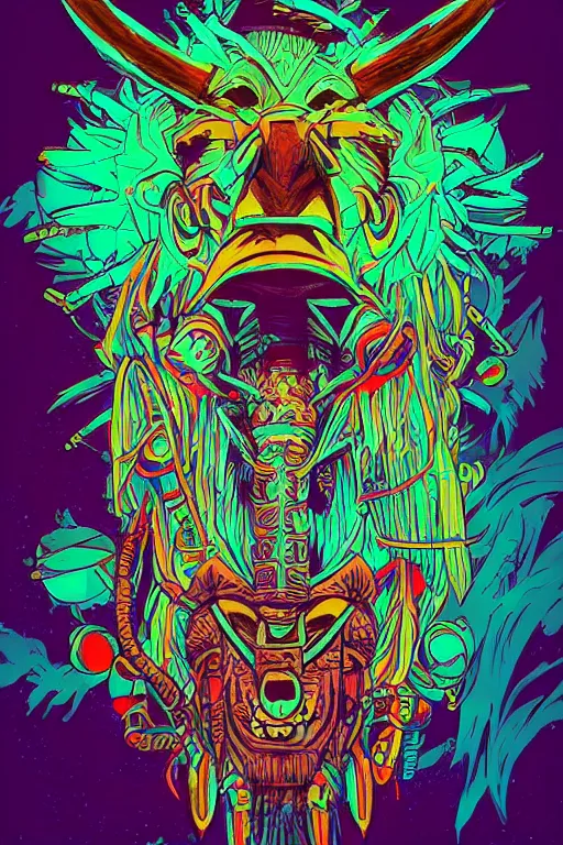 Image similar to totem animal tribal chaman vodoo mask feather gemstone plant wood rock video game illustration vivid color borderlands by josan gonzales and dan mumford radiating a glowing aura