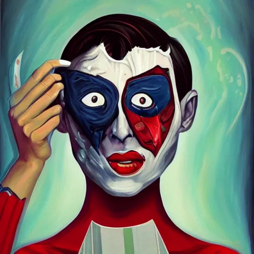 Image similar to a painting of a woman's face with torn-up superhero comics on her face, a surrealist painting, behance contest winner, pop surrealism, surrealist, detailed painting, poster art