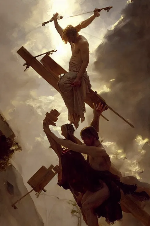 Image similar to beautiful oil painting portrait of ancient roman god emperor steve buscemi hovering in the air wearing the civic crown levitating and ascending in stations of the cross pose, art by anders zorn, wonderful masterpiece by greg rutkowski, expressive brush strokes, beautiful cinematic light, american romanticism by greg manchess, jessica rossier