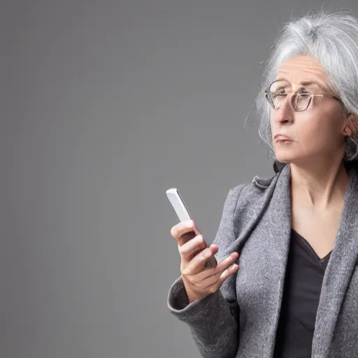 Image similar to astonished middle aged lady looking at smartphone angrily, wild hair, greek ethnicity, straight grey hair, angry eyes,