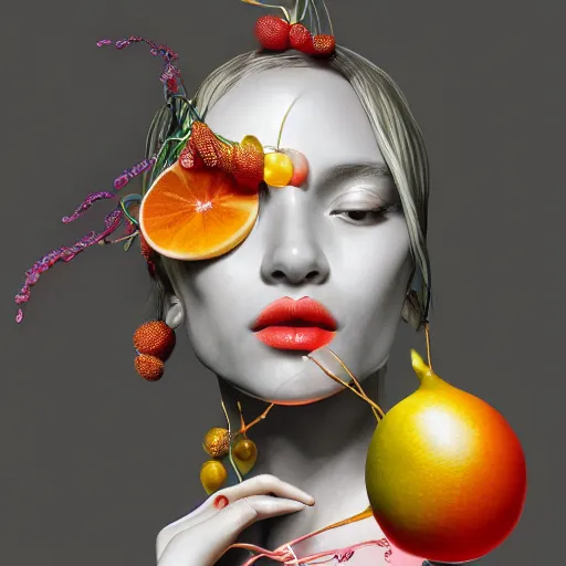 Prompt: the portrait of an incredibly beautiful, graceful, elegant woman comprised of fruit, an ultrafine detailed illustration by kim jung gi, irakli nadar, intricate linework, bright colors, final fantasy, behance contest winner, angular, unreal engine 5 highly rendered, global illumination, radiant light, detailed and intricate environment