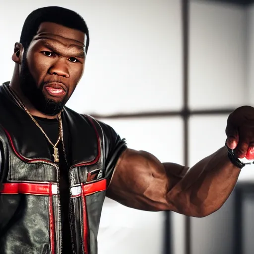 Image similar to a videogame still of 50 Cent in Tekken 7, portrait, 40mm lens, shallow depth of field, close up, split lighting, cinematic