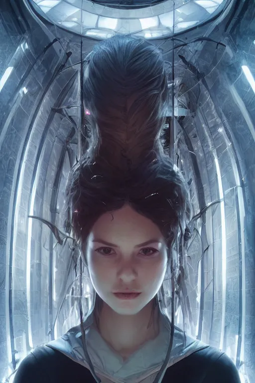 Image similar to evil ai held captive in a remote research facility. vulnerability and innocence, ultra realistic, sharp details, subsurface scattering, intricate details, warm lighting, beautiful features, highly detailed, photorealistic, octane render, 8 k, unreal engine, art by artgerm and greg rutkowski and alphonse mucha