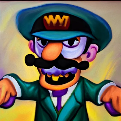 Image similar to waluigi as a mobster, highly detailed, oil painting,