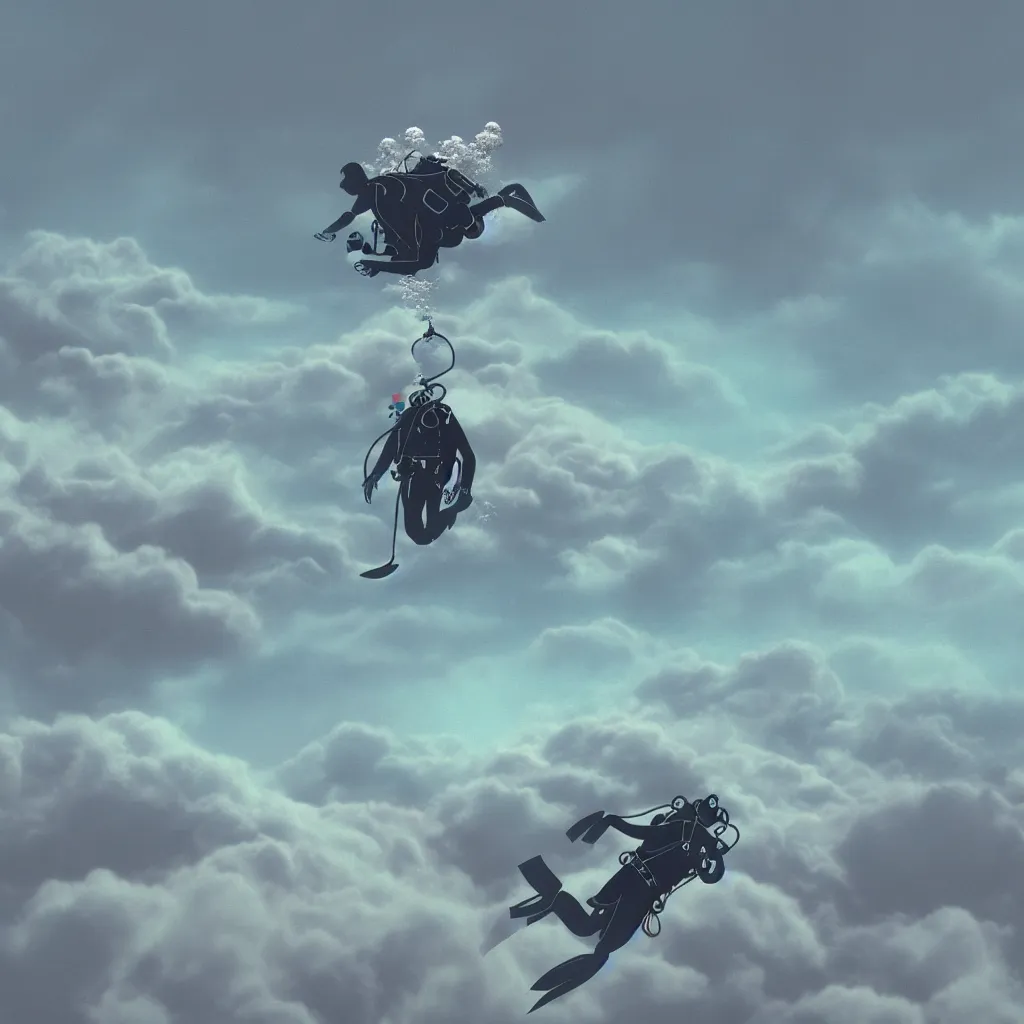 Image similar to a scubadiver floating above the clouds, closeup, digital illustration