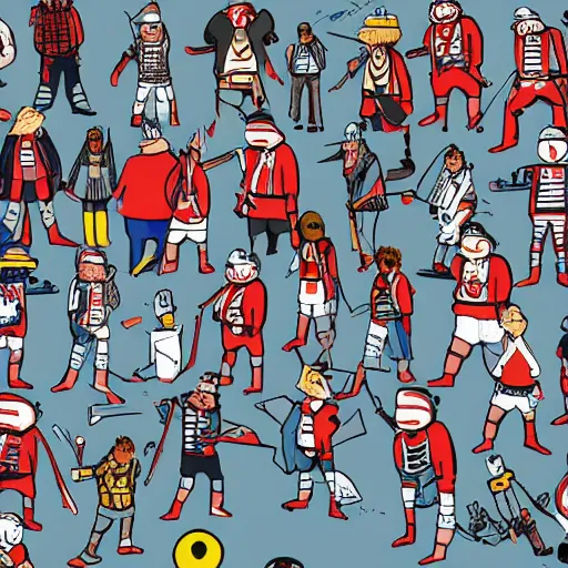 Image similar to Where's Waldo, on a futuristic robot battlefield