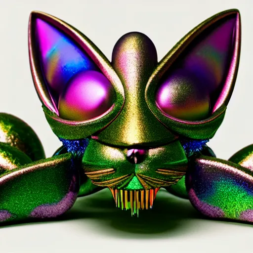 Image similar to giant iridescent mix between a feline and bug creature in lush jungle, raining, foggy, moody, :: by Jeff Koons, Dan McPharlin Daniel Merrian :: ornate, dynamic, particulate, rich colors, intricate, elegant, highly detailed, centered, artstation, smooth, sharp focus, octane render, 3d