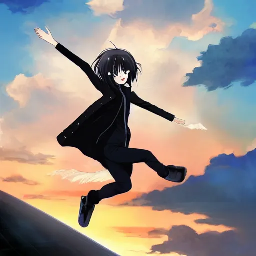 Prompt: 1 7 - year - old pale - skinned anime girl with black long bob cut, long bangs, black gothic jacket, black jeans, flying through sky, jumping through clouds, late evening, blue hour, cirrus clouds, pearly sky, ultra - realistic, sharp details, subsurface scattering, blue sunshine, intricate details, hd anime, 2 0 1 9 anime