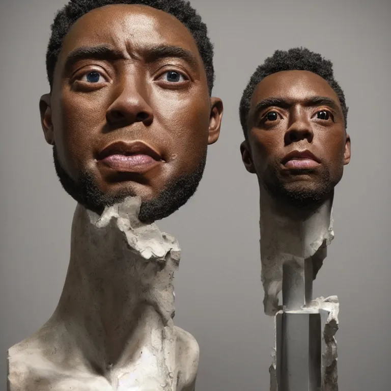 Prompt: beautiful studio photograph of colorful postmodern portrait sculpture of chadwick boseman disappointed, beautiful symmetrical face accurate face detailed face realistic proportions, made of spray - painted polymer clay on a pedestal by ron mueck and matthew barney and greg rutkowski, hysterical realism intense cinematic lighting shocking detail 8 k