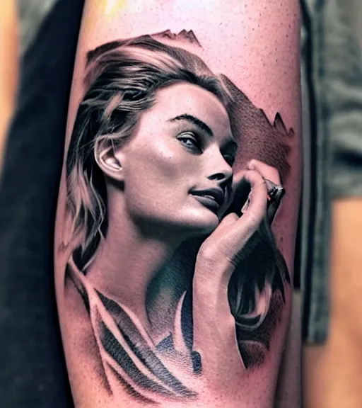 Prompt: tattoo design sketch double exposure of margot robbie and beautiful mountain scenery, creative mash up, in the style of arlo dicristina, surrealist, amazing detail, sharp
