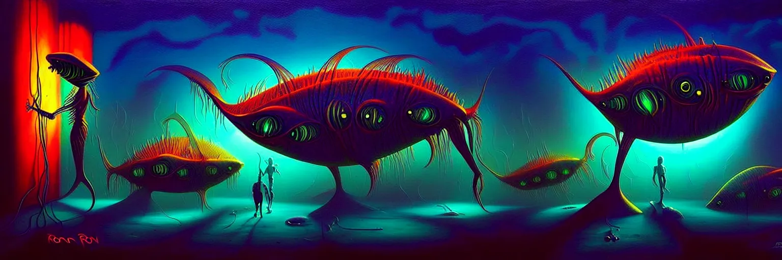 Image similar to strange alien fish creatures from the depths of the collective unconscious, dramatic lighting, surreal darkly colorful painting by ronny khalil