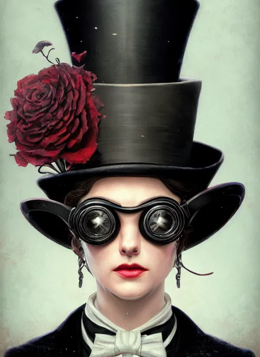 Image similar to highly detailed closeup portrait of jill the ripper wearing goggles and a top hat, stephen bliss, unreal engine, greg rutkowski, ilya kuvshinov, ross draws, tom bagshaw, tom whalen, alphonse mucha, nicoletta ceccoli, mark ryden, earl norem, global illumination, god rays, detailed and intricate environment