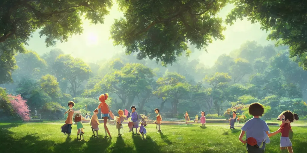 Image similar to wholesome illustration of a family of lemons enjoying a day at the park, Studio Ghibli, Pixar and Disney animation, sharp, Rendered in Unreal Engine 5, art by Greg Rutkowski, Bloom, dramatic lighting, sunny day