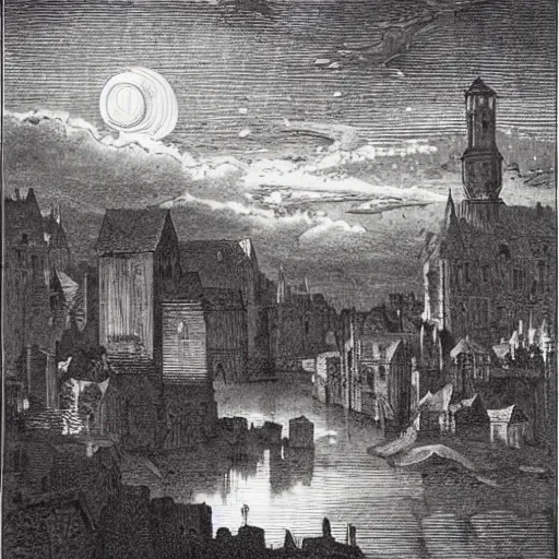 Image similar to medieval town floating in the sky, gustave dore engraving