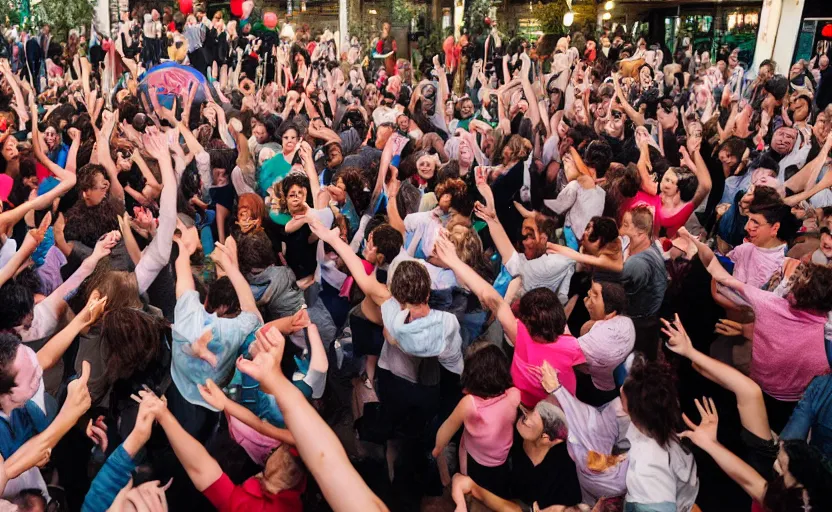 Image similar to a crowd of people dancing in a party around a giant pizza,