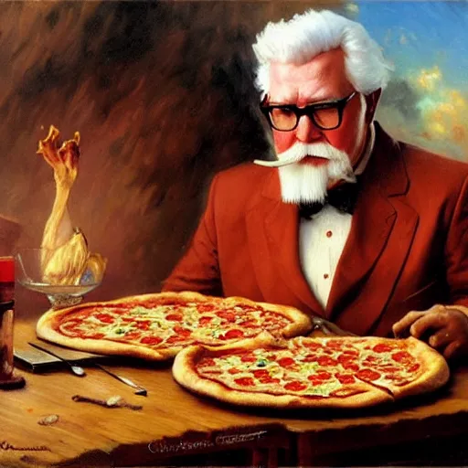 Prompt: colonel sanders eating many pizza, highly detailed painting by gaston bussiere, craig mullins, j. c. leyendecker, 8 k