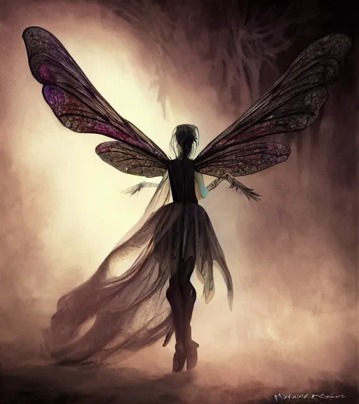 Image similar to gothic fairy with dragonfly wings, digital painting, liminal eerie midnight backlit, a picture taken by Michael Komarck