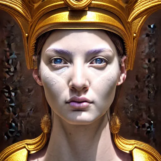 Image similar to hyperrealistic mixed media painting of beautiful goddess Athena, stunning 3d render inspired art by P. Craig Russell and Barry Windsor-Smith, perfect facial symmetry, dim volumetric lighting, 8k octane beautifully detailed render, post-processing, portrait, extremely hyper-detailed, intricate, epic composition, brown eyes, cinematic lighting, masterpiece, trending on artstation, very very detailed, masterpiece, stunning