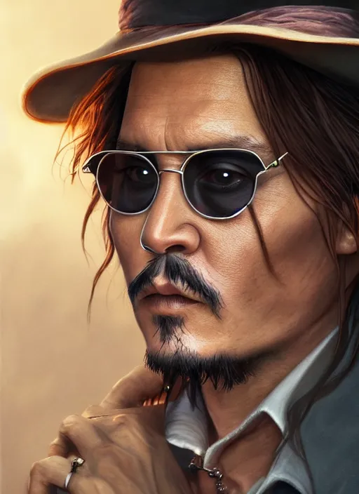 Image similar to portait of Johnny Depp, sharp focus, illustation, stunning lighting, realistic character concept, light atmosphere, golden ration, cinematic lighting, high resolution, insanely detailed and intricate, art by (Hayao Miyazaki and Matt Groening), 8k